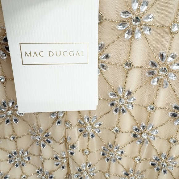 Mac Duggal Sleeveless Hand Beaded V-Neck Gown Maxi Dress Nude Silver Size 10 NWT - Picture 11 of 13